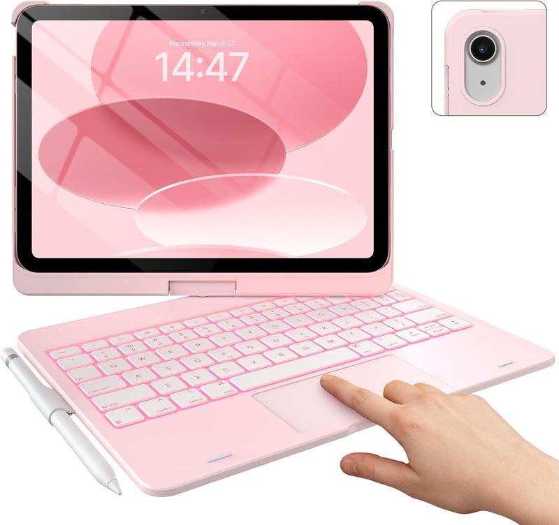 typecase حافظة آيباد 11 الجيل العاشر مع لوحة مفاتيح (11" 2025، A16 و10.9" 2022) – قابلة للدوران 360°، إضاءة خلفية بـ 11 لون، لوحة تتبع متعددة اللمس، حامل قلم، رقيقة وخفيفة – وردي فاتح - Image 1